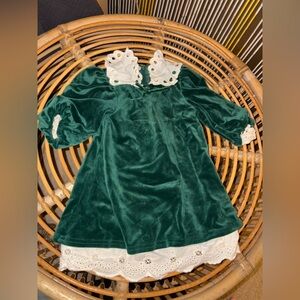 Green Velvet Dress with Lace Trim